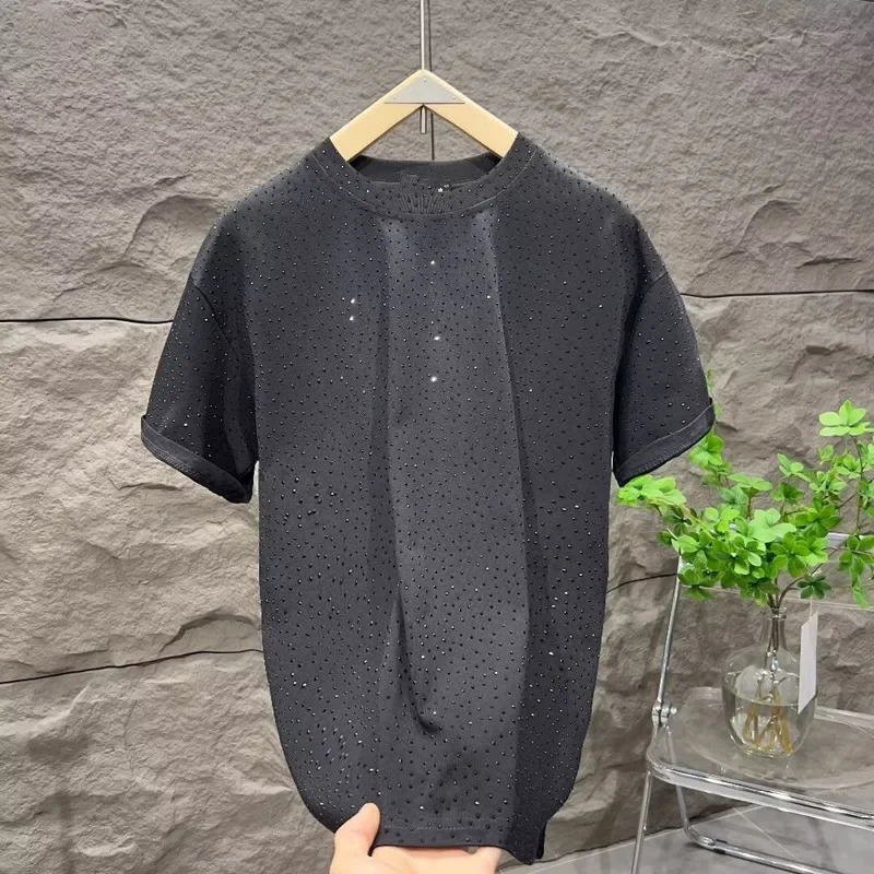 Trendy Fashionable Mens Short Sleeve T-Shirt Niche Diamond Embellished High End Round Neck Half Sleeve Summer Couple T-Shirt 250217