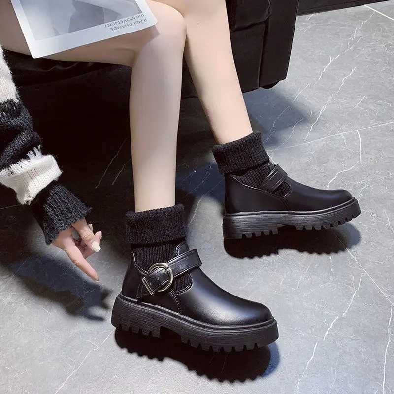 Short Shoes for Women Chunky Mary Janes Footwear White Booties Lolita Sock Female Ankle Boots Platform Elastic Trend 2024 New InXJ250217