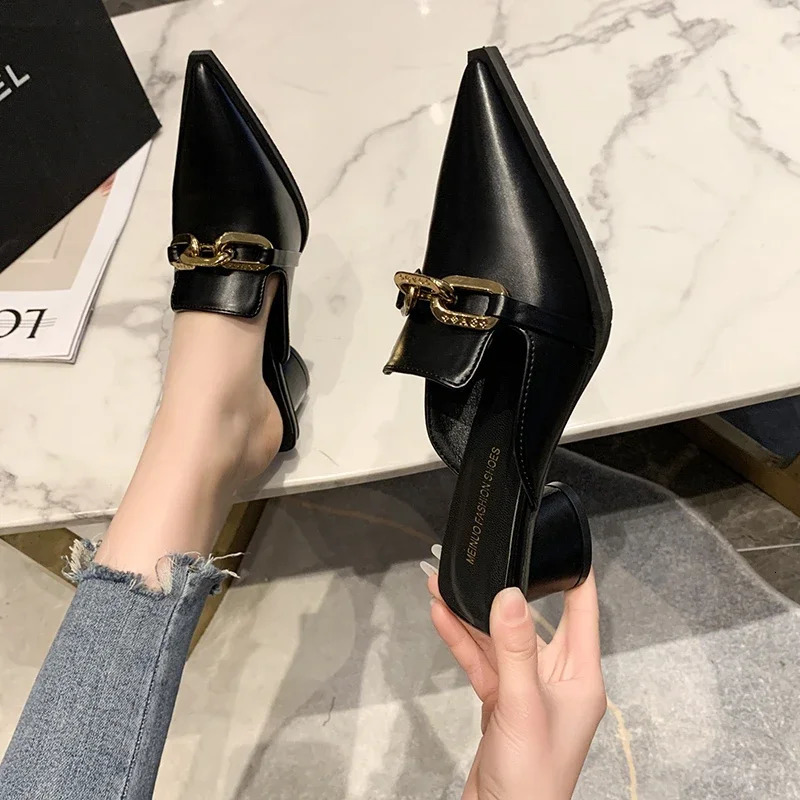 2024 Summer Women Black High Heels Slippers Close Toe Block Heels Mules er Slip on Loafers Slides Party Shoes 250217