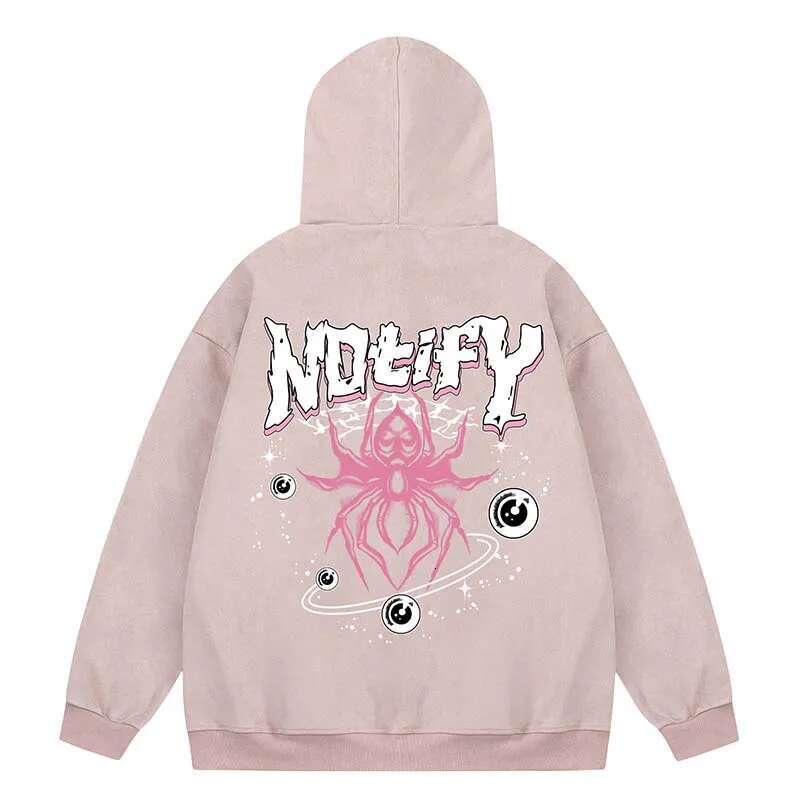 Haruku Hoodie Jacket Streetwear Fashion Letters Spider Print Zipper Hooded Sweatshirt 2023 Unisex Hip Hop Casual Loose Coats