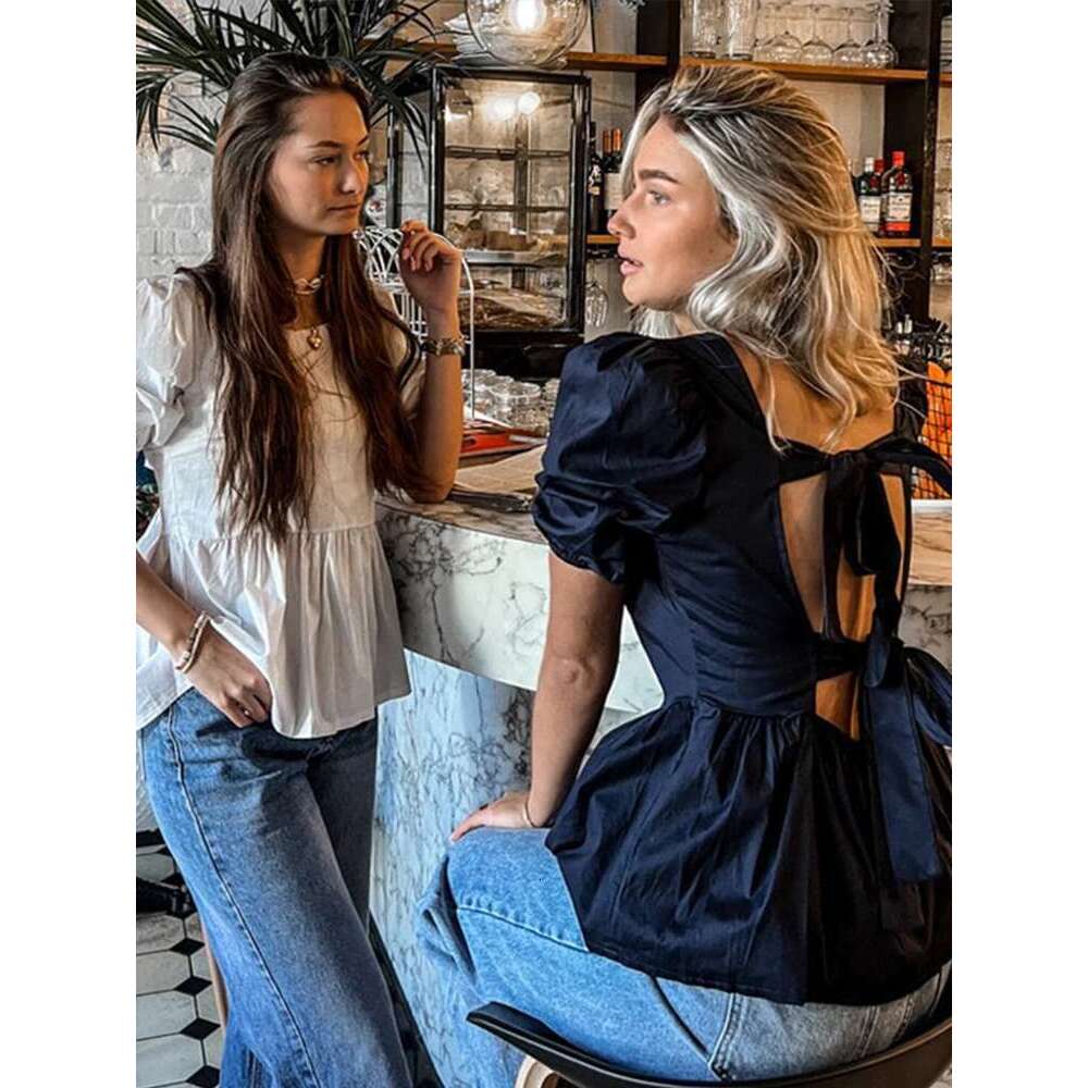 Fashion Backless Short Sleeve Shirts For Women Casual Back Lace Up Tops 2024 Spring Summer Chic Ladies Shirt Loose Streetwear