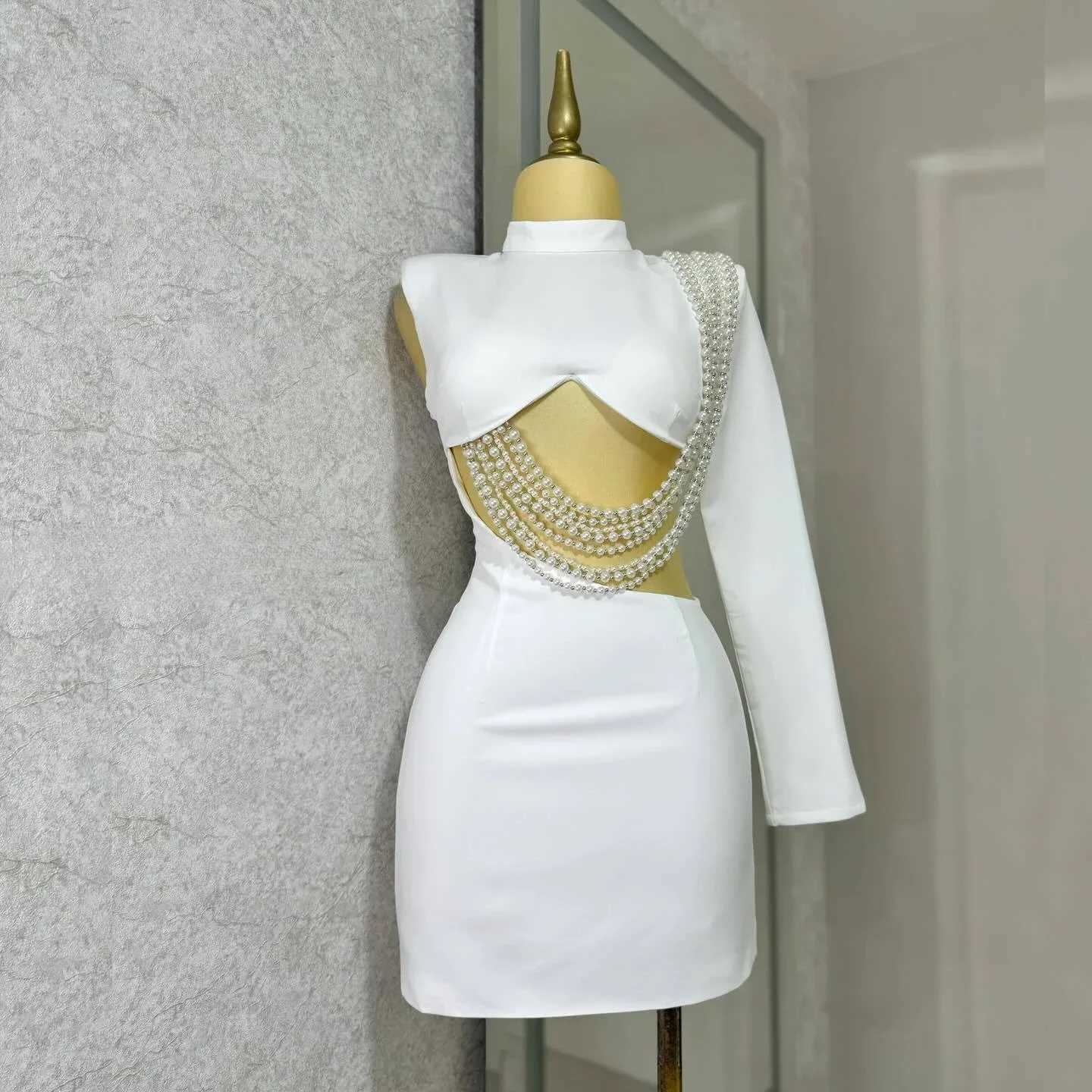 Basic Casual Dresses Women Full Slve Elegant O-neck Mini Dress 2025 Summer Pearl String Sexy Strt Night Club Party Vestidos Dresses H25217