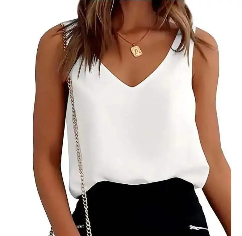 Summer Women Tank Top Tees Sleeveless Silk V Neck Shirts For Fashion Loose Tshirts Casual Shirt Pullover 250214