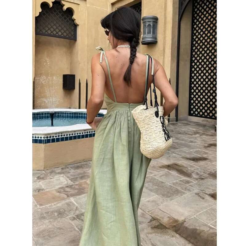 Original Backless Cotton Spring And Summer Women's Elegant Mori Style Sexy V-Neck High Waist Suspender Dress