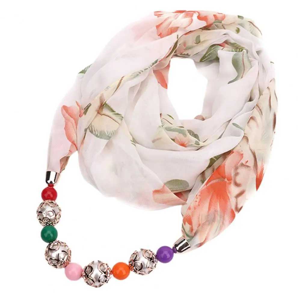 Beads Pendant Floral Print Necklace Scarf Simple Ethnic Style Vintage Chiffon Scarf Necklace Shl For Home Scarf With Necklace W250218