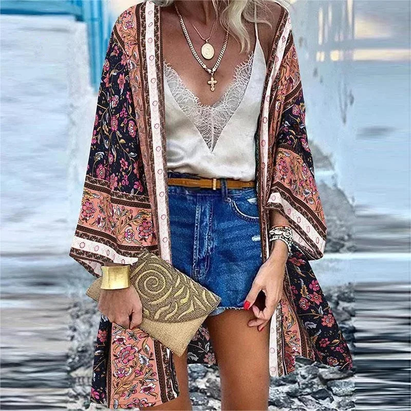 Summer Bohemian Beach Printed Cardigan Women Long Sleeve Leisure Holiday Swimsuit Blouse Shawl Open Up Cover M5XL 250212