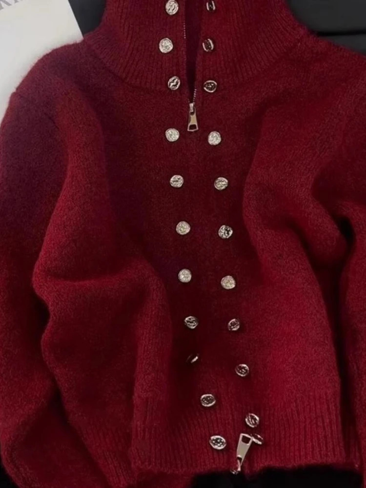 fluffy knitted cardigan sweater with double chest sweater jacket for womens autumn high-end lazy zipper 2000s Y2k knitted top 250214