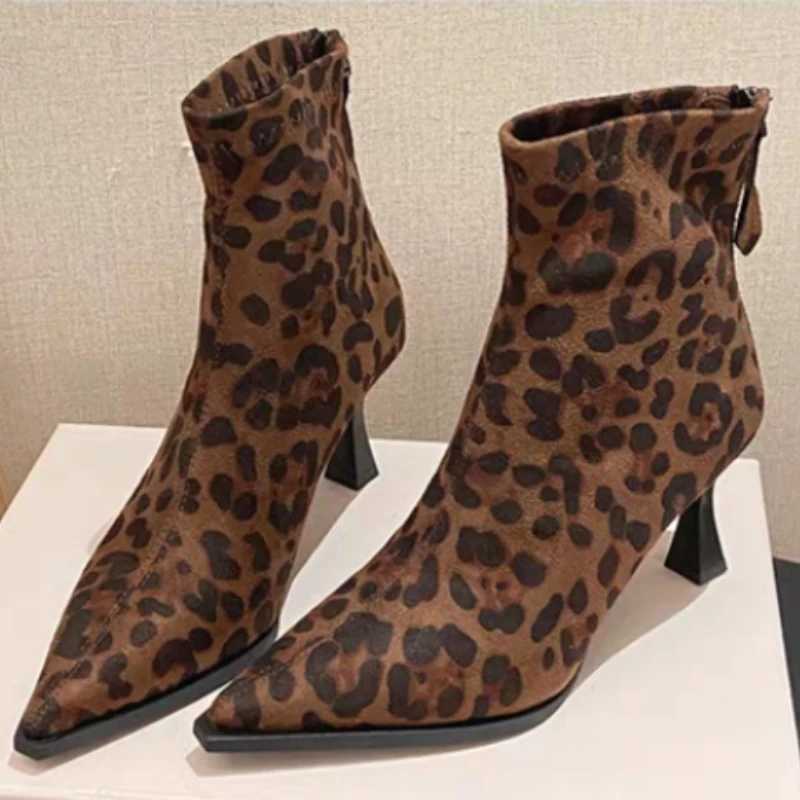 2024NEW Ankle Boots Leopard Women Pointed Toe Ladies Chunky High heel Female Shoes Footwear Plus SizeXJ250217