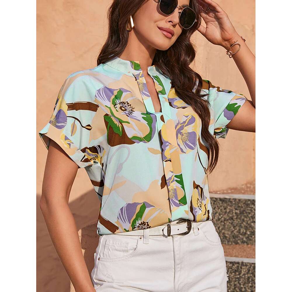Fashion Retro Wer Print Women Shirts Summer New Casual V -Neck Short Sleeve Blouses Tops
