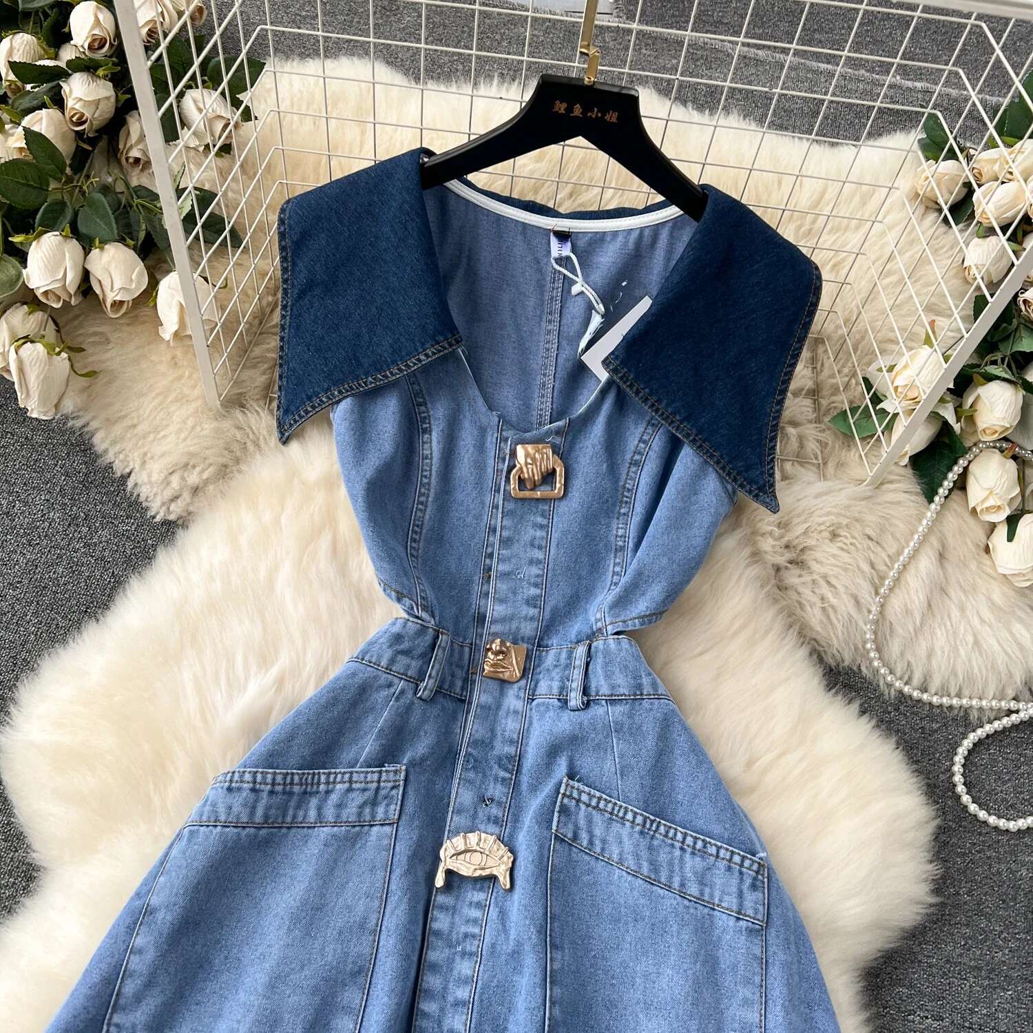 Designer Denim Dress Women Long Dresses Single Breasted Big Turn-Down Collar Waist Slimming Temperament Split A-E Vestidos