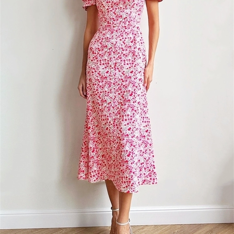 Women Floral Midi Vintage Dress Short Puff Sleeve Square Neck A-Line Dress Bohemian Summer Casual Elegant Flowy Dresses 250206