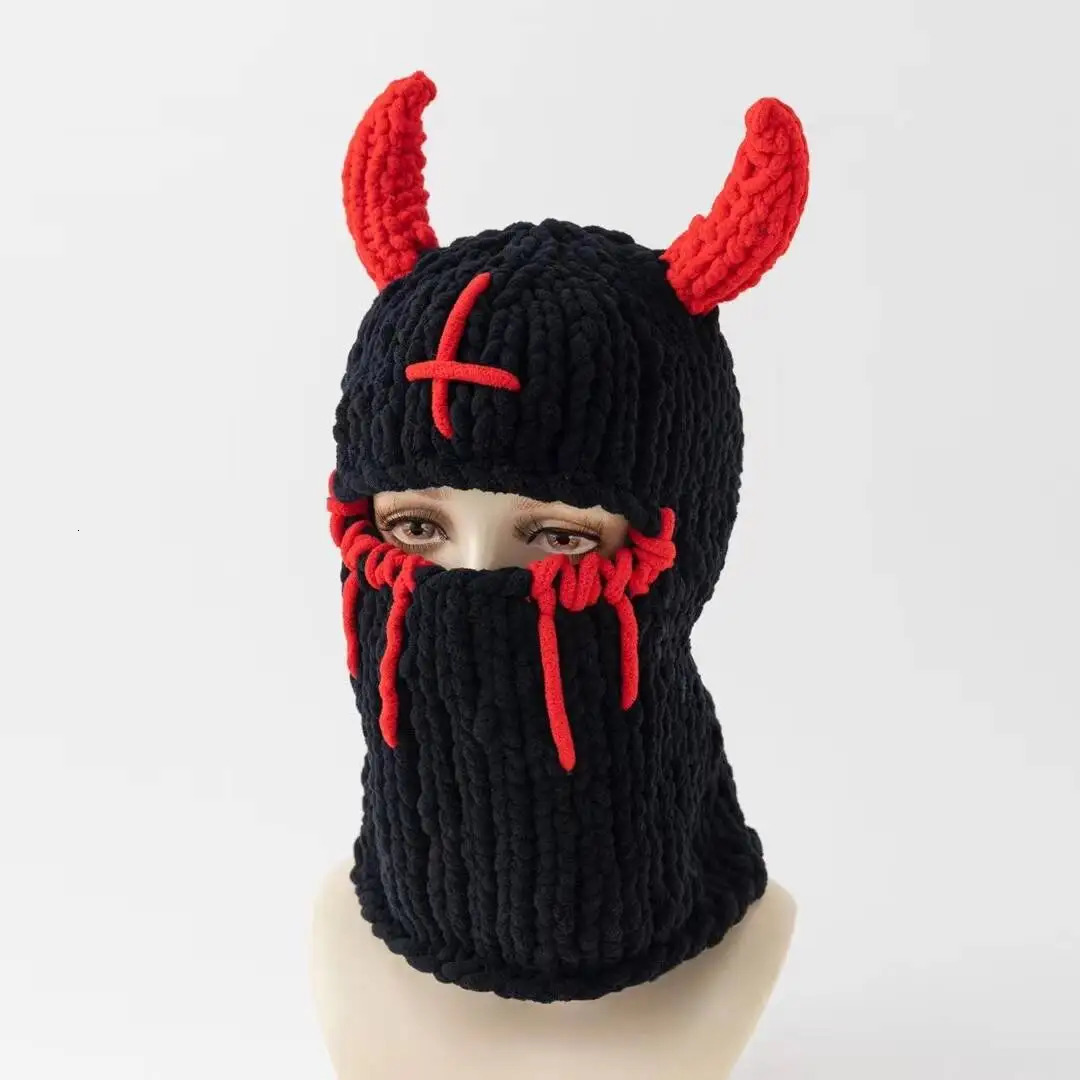 Y2K Long Rabbit Ear Funny Balaclava Hat Winter Thicken Warm Hand Made knitted Beanie Halloween Party Ski Mask Skullies Cap 250218