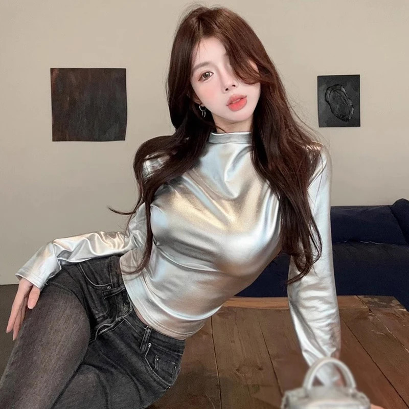 Long Sleeve T-Shirt Top Silver Women Y2K Glossy Half-Height Neck Base Shirt Slim Fitting Sexy Street Style Street Style Spring 250206