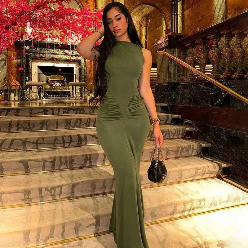Basic Casual Dresses Lygens O Neck Slveless Ruched Bodycon Long WomenS Dresses Elegant Evening Party Lady Y2K Casual Strtwear Clothes Summer H25217