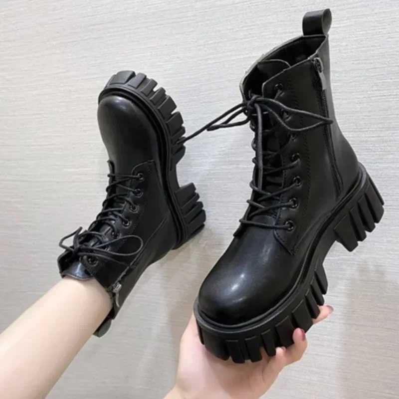 2024Womens Boots Fi Mid Calf Boot PU Leather Casual Boots N-Slip Platform Boots for Women Lace Up Ankle Boot Botas MujerXJ250217