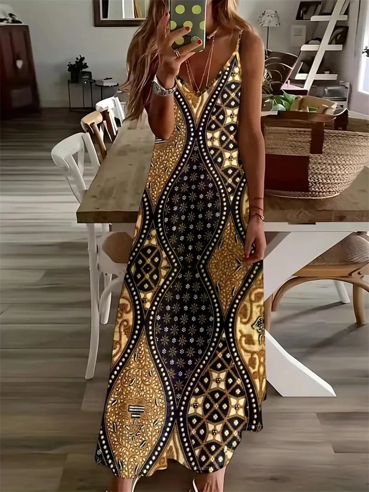 Womens Stylish Elegant Dress Vintage Dreamcatcher Print Sleeveless Vest Dress Summer V-Neck Ladies Loose Halter Dress 250213