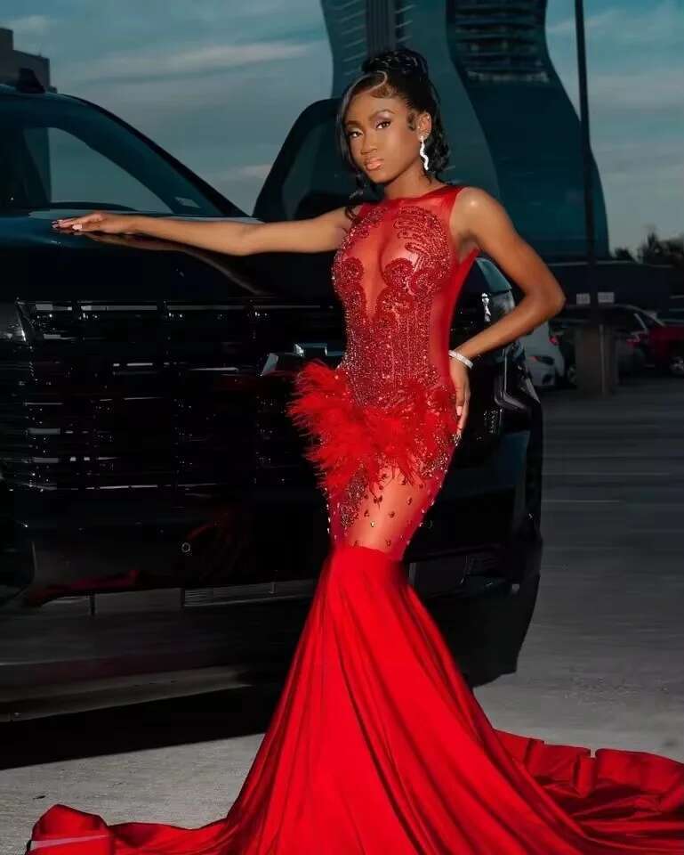 Satin Red Mermaid Prom Dresses Black Girls Crystal Feathers Party Gowns African Evening Dress Customized