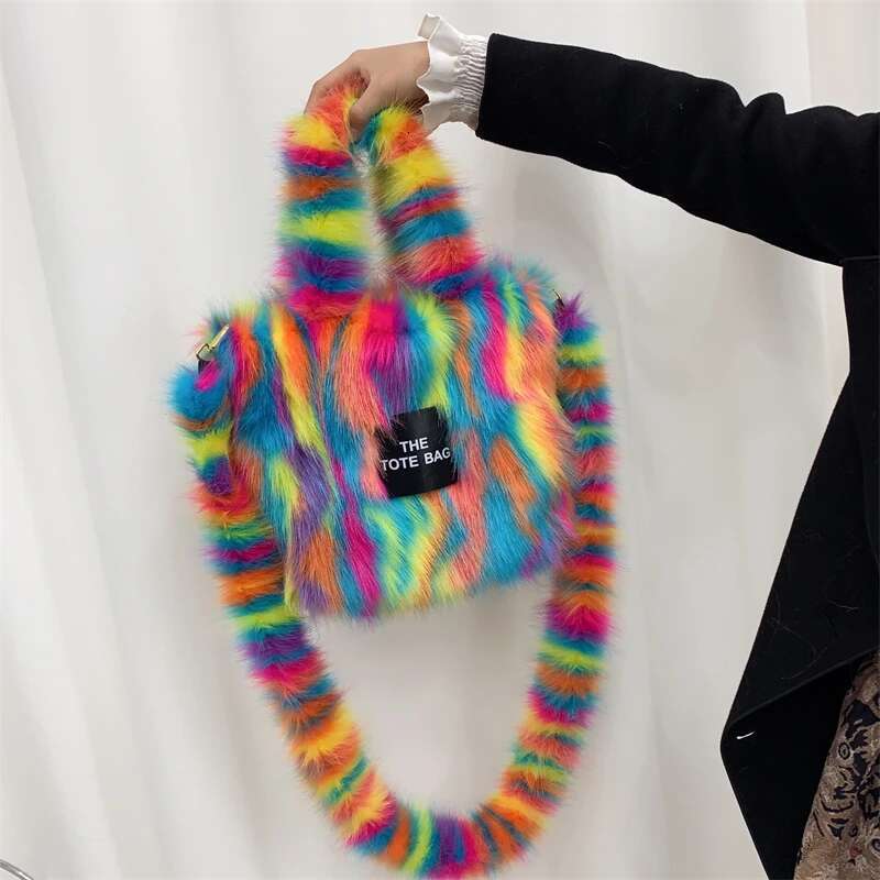 2023 Designer Faux Fur Tote Bag for Women Handbags Autumn Winter Plush Shoulder Crossbody Bags Brand Shopper Purses Y2K