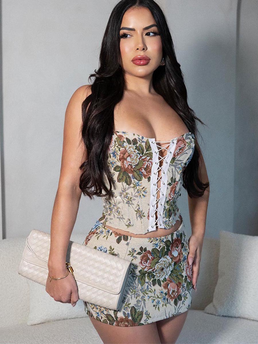 2025 summer new product slim fit contrasting color backless strap jacquard European and American skirt set for women 250218