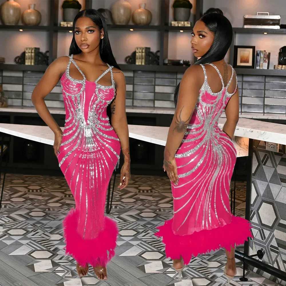Basic Casual Dresses Women Sequined Feather Strapless High Waist Birthday Bodycon Long Dress 2025 Spring Evening Sexy Party Dresses Vestidos H25217