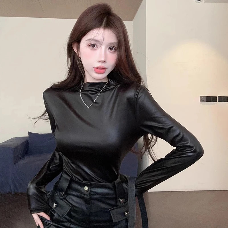 Long Sleeve T-Shirt Top Silver Women Y2K Glossy Half-Height Neck Base Shirt Slim Fitting Sexy Street Style Street Style Spring 250206