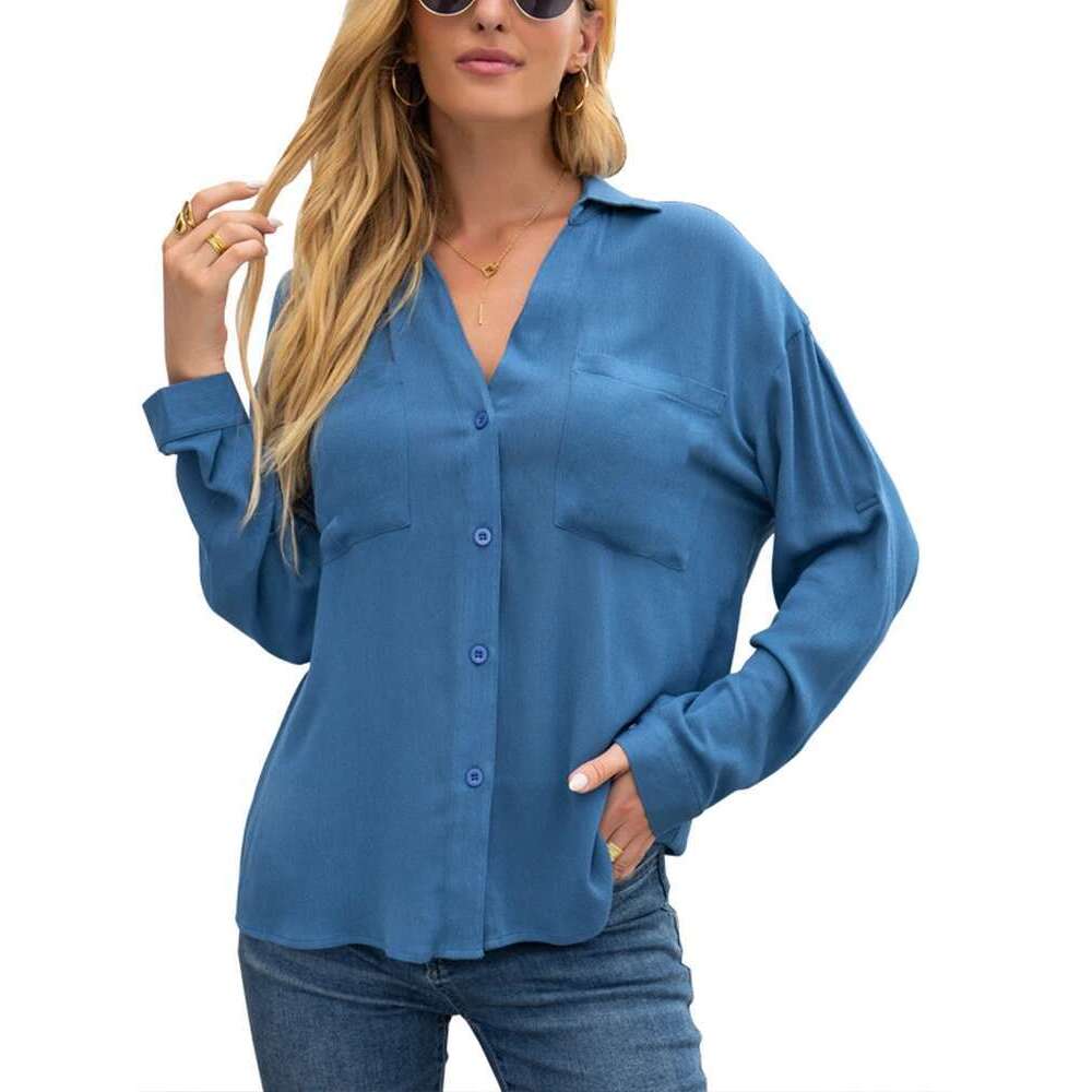 2024 Spring And Summer New Pocket V-Neck Long Sleeve Shirt Women's Casual Loose Solid Color Tops