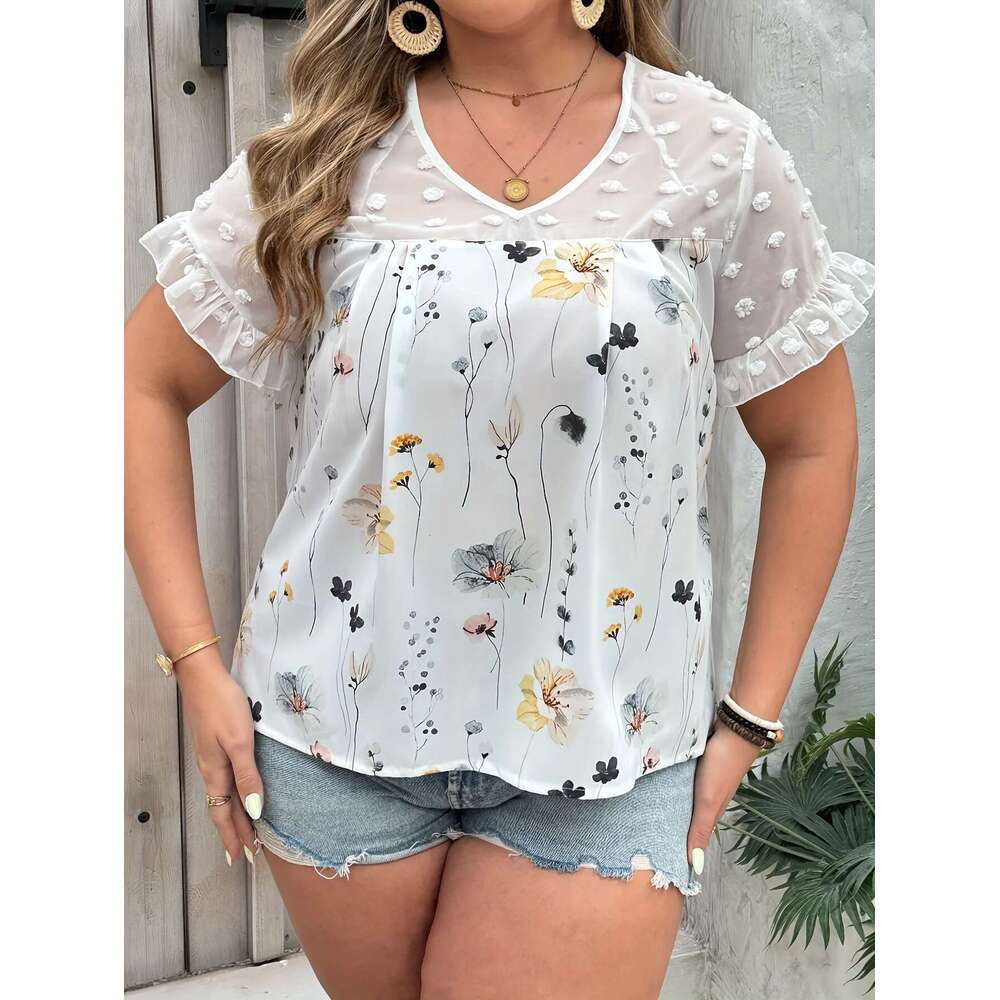 Ral Print Swiss Dot Blouseelegant Patchwork V Neck Short Sleeve Blouse For Spring Summer Women's Plus Size Clo
