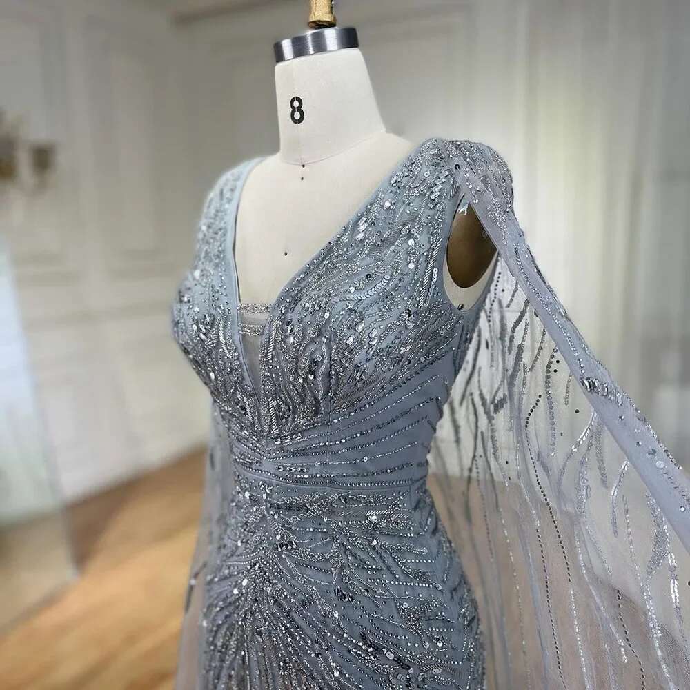 Sier Arabic Mermaid Cape Sleeves Beaded Evening Dresses Gowns Customize Evening Party BLA