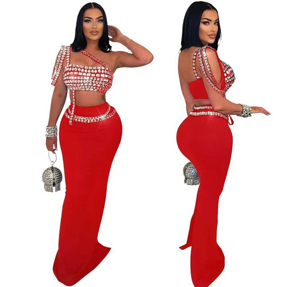 Basic Casual Dresses Women Set Diamonds Hot Rhinestones Strapless Top + Long Skirt Suit Dress Sets Two 2 Piece Set Party Club Night Outfits H25217
