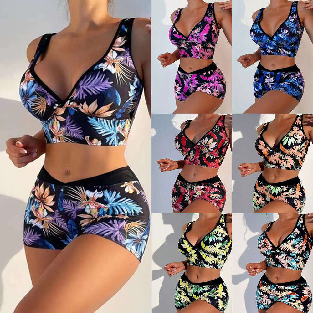 7 Colors European and American Printed V-neck Flat Pants Women's Split Bikini Swimsuit 2025 New Casual Versatile Fashion Clothing