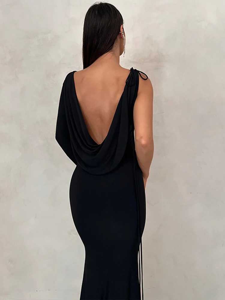 Basic Casual Dresses Dulzura Lace Up Long Slve One Shoulder Maxi Dress For Women Bodycon Party Elegant Outfits Birthday Evening 2023 Summer H25217