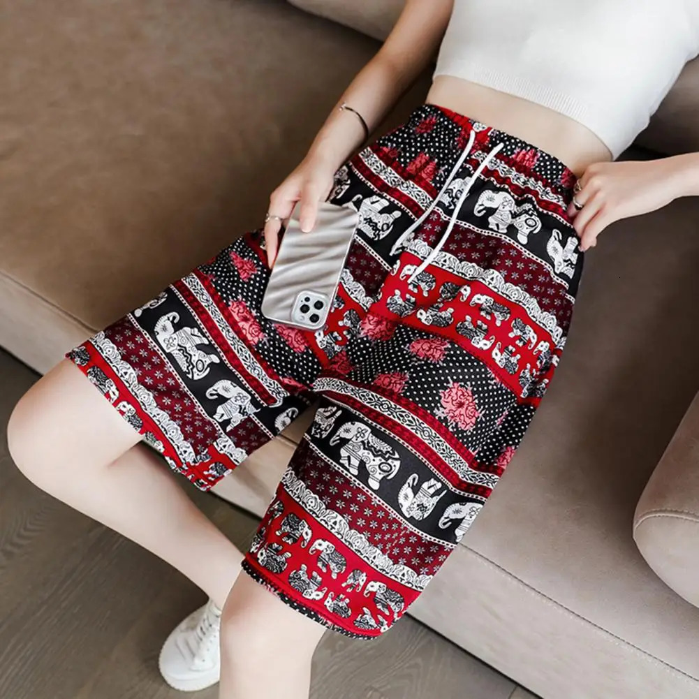 Women Summer Shorts Thailand Elephant Print Drawstring Loose Vacation Beach Travel Knee Length Shorts Homewear Pajamas Shorts 250217