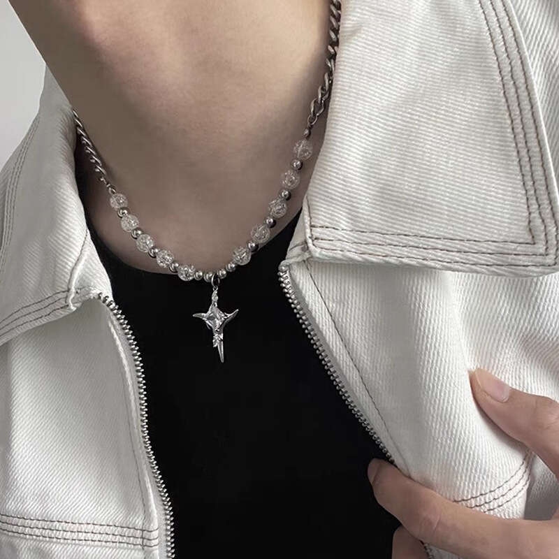 Ice cracked bead splicing cross titanium steel necklace for men's hip-hop niche high-end feeg, light , handsome and trendy sweater chain