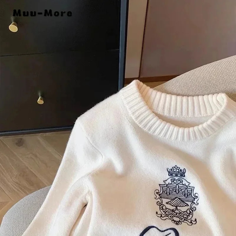 Letters Embroidery Pullover Sweater Spring Autumn Women Round Neck Long Sleeve Knitwear Jumper Female Casual Tops 250217