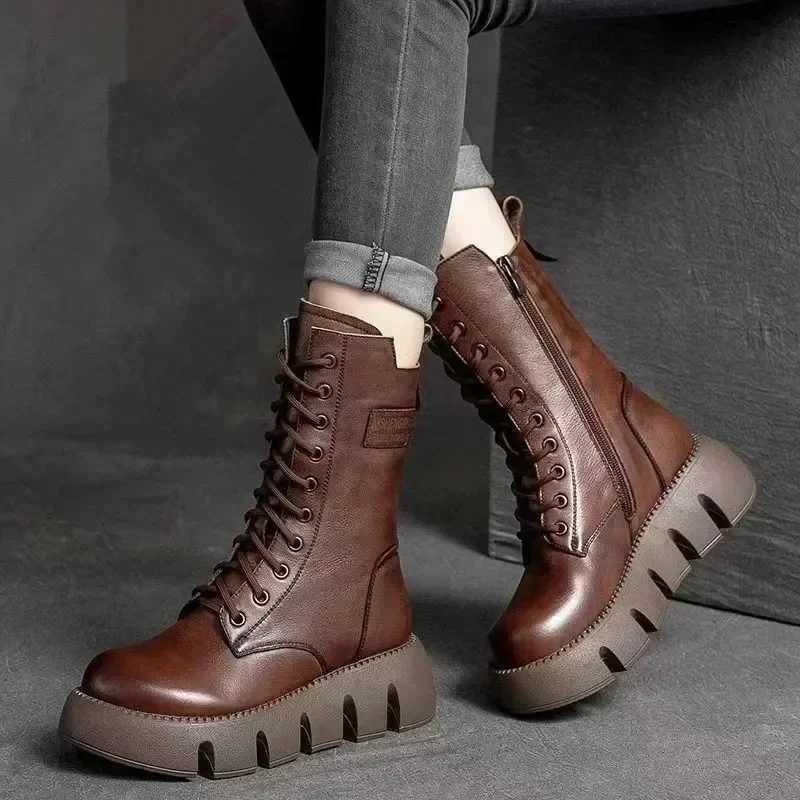 Winter chunky women black brown leather boots 2025 short plush 5cm mid-heel ankle snow boots lace up warm platform girls shoesXJ250217