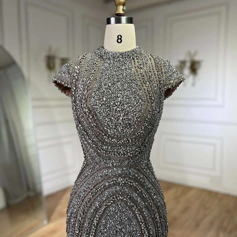 Dubai Arabic Gray Nude Mermaid Or Length Beaded Evening Dresses Gown Customize dresses Party