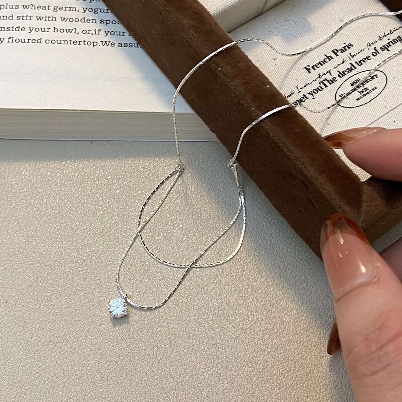 Tiqi S pure sier Korean version ins style single dia collarbone women's simple and exquisite double-layer snake bone chain necklace