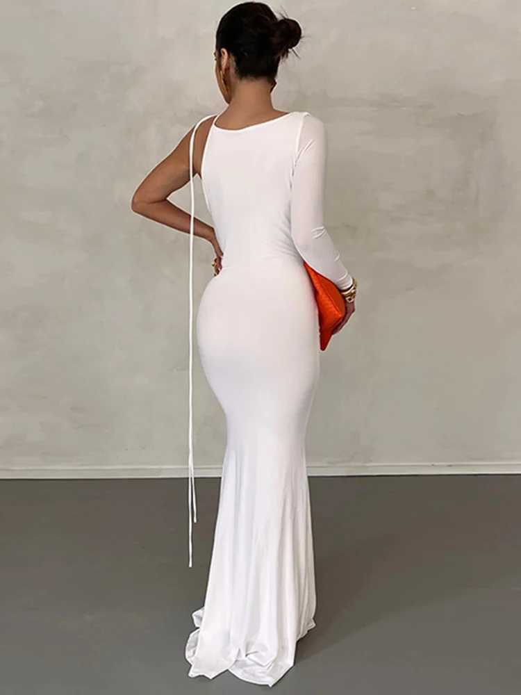 Basic Casual Dresses Dulzura Lace Up Long Slve One Shoulder Maxi Dress For Women Bodycon Party Elegant Outfits Birthday Evening 2023 Summer H25217