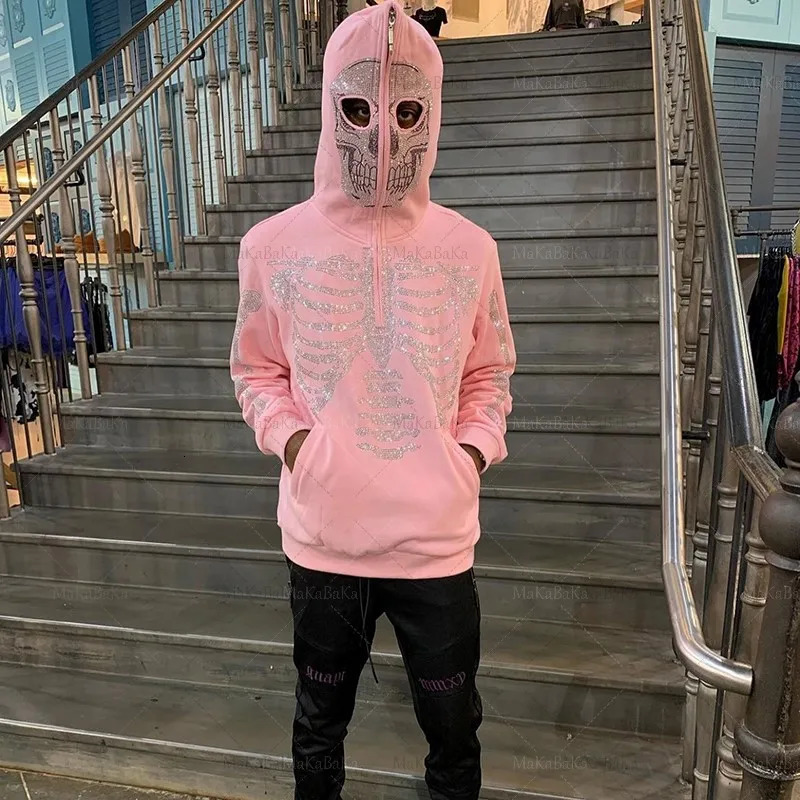 Womens Y2K Rhinestone Skeleton zip Oversized Sweatshirts autumn Goth Hoodies Grunge Pink Hooded Jacket Streetwear 250217