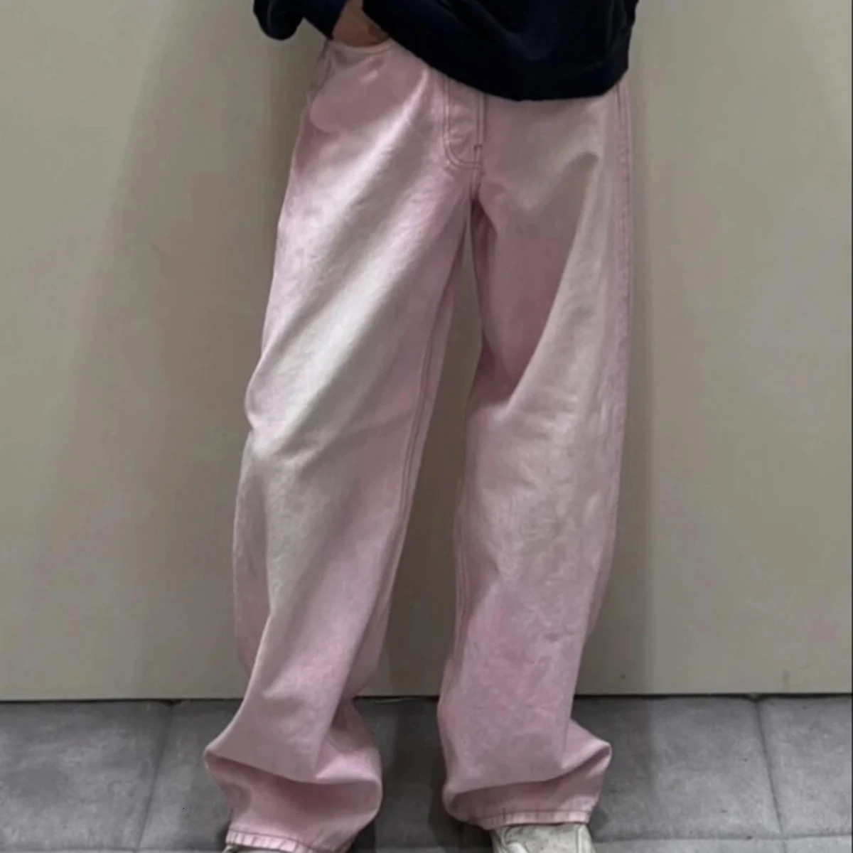 Streetwear Gradient Color Washed Pink Dirty Jeans for Men and Women Straight Casual Baggy Denim Trousres Oversized Loose Cargos 250217