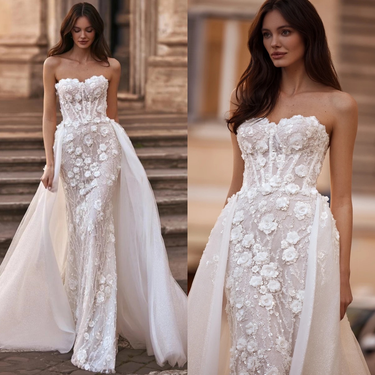 Simple Strapless Wedding Dresses 3D-Floral Appliques Mermaid Bridal Gowns with Overskirts Lace Customized Princess Sweep Train Bride Dress Vestidos De