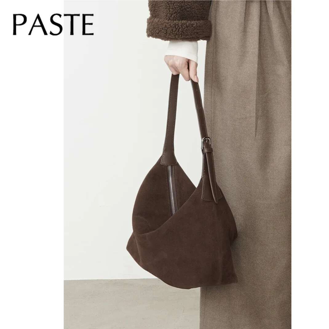 Fashionable Frosted Cow Long Handle Tote Winter Matte Suede Leather Women's Single-Shoulder Bag Grey Commute Handbag
