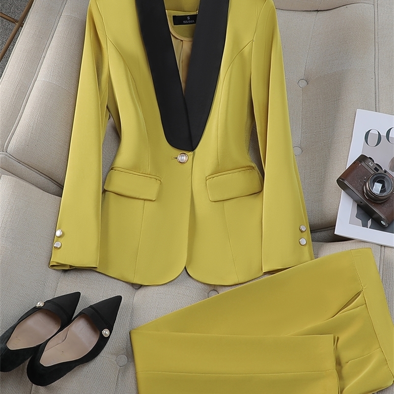 Office Ladies Pant Suit Yellow Red Purple Apricot Female Business Work Wear Jacket Blazer and Trouser Formal 2 Piece Set 250206