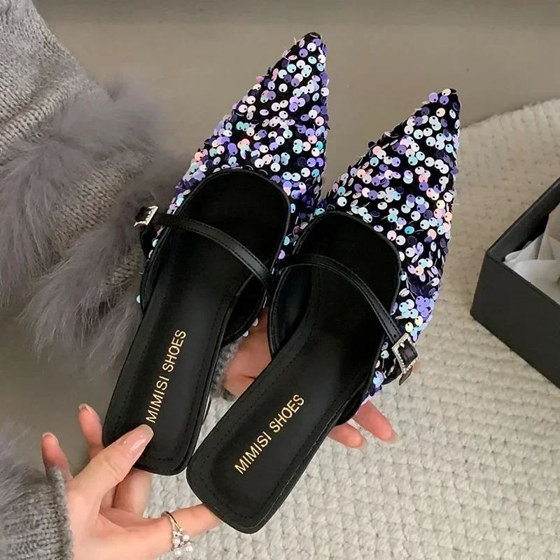 Colorful Bling er Slide Sandals Women Summer Sexy Pointed Toe Women Slippers Elegant Low Heeled Mules Loafers 250213