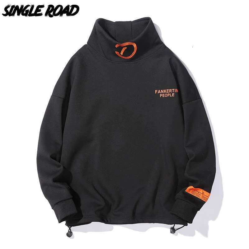 Single Road Mens Turtleneck Sweatshirt Winter Fleece Oversized Sweatshirts Japanese Streetwear Haruku Hip Hop Hoodie Men