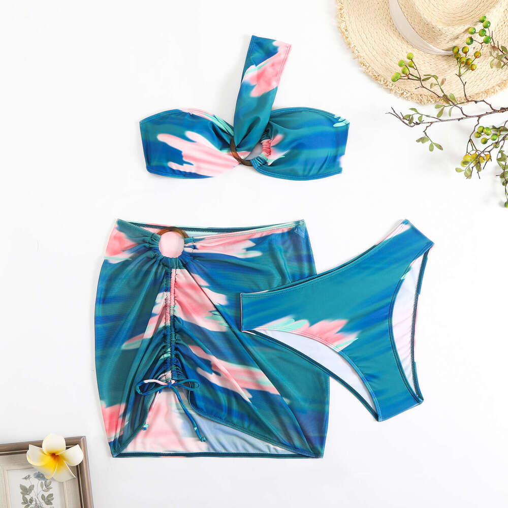 Langxin 2025 New Split Bikini Three Piece Set Printed Sexy Single Shoulder Drawstring Swimsuit Triangl Bikini Designer Swimsuit Women Swimwear Sexy Ne