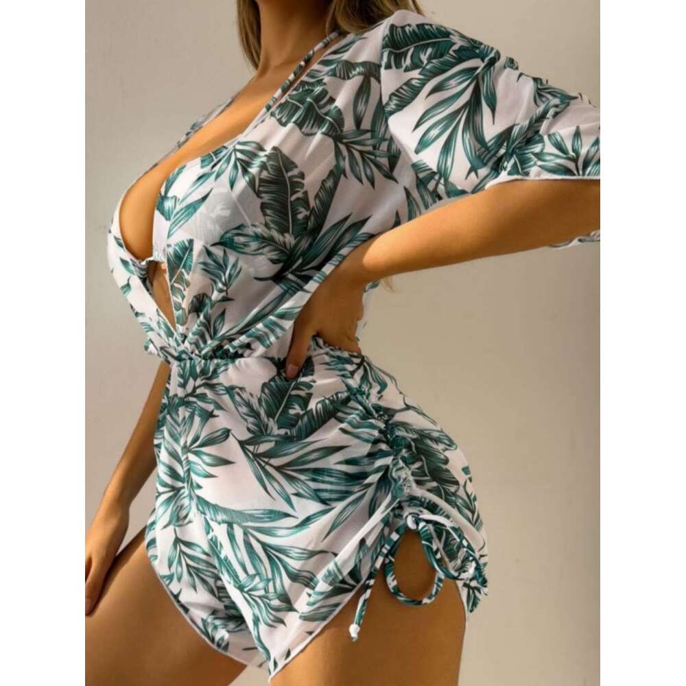European and American Three piece Bikini Leaf Printed Waist Strap Long Sleeve Beach Anti roll Swimsuit 2025 New Casual Fashion Trendy Clothing