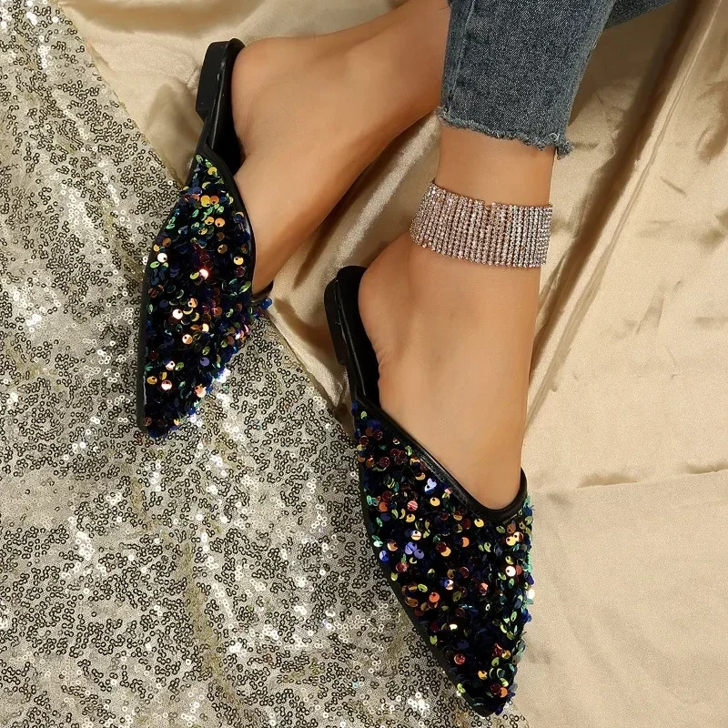 Shoes for Women 2024 Sparkling Rhinestones Womens Slippers Fashion Outer Wear Closed Toe Slippers Comfortabl Low Heel Mules 250217