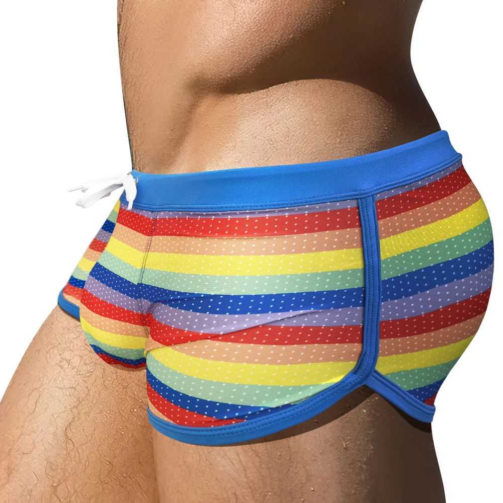 Sexy side split rainbow swimsuit mens quick drying terrace U-bag swimsuit summer fashionable mens beach surfing swimsuit M250218