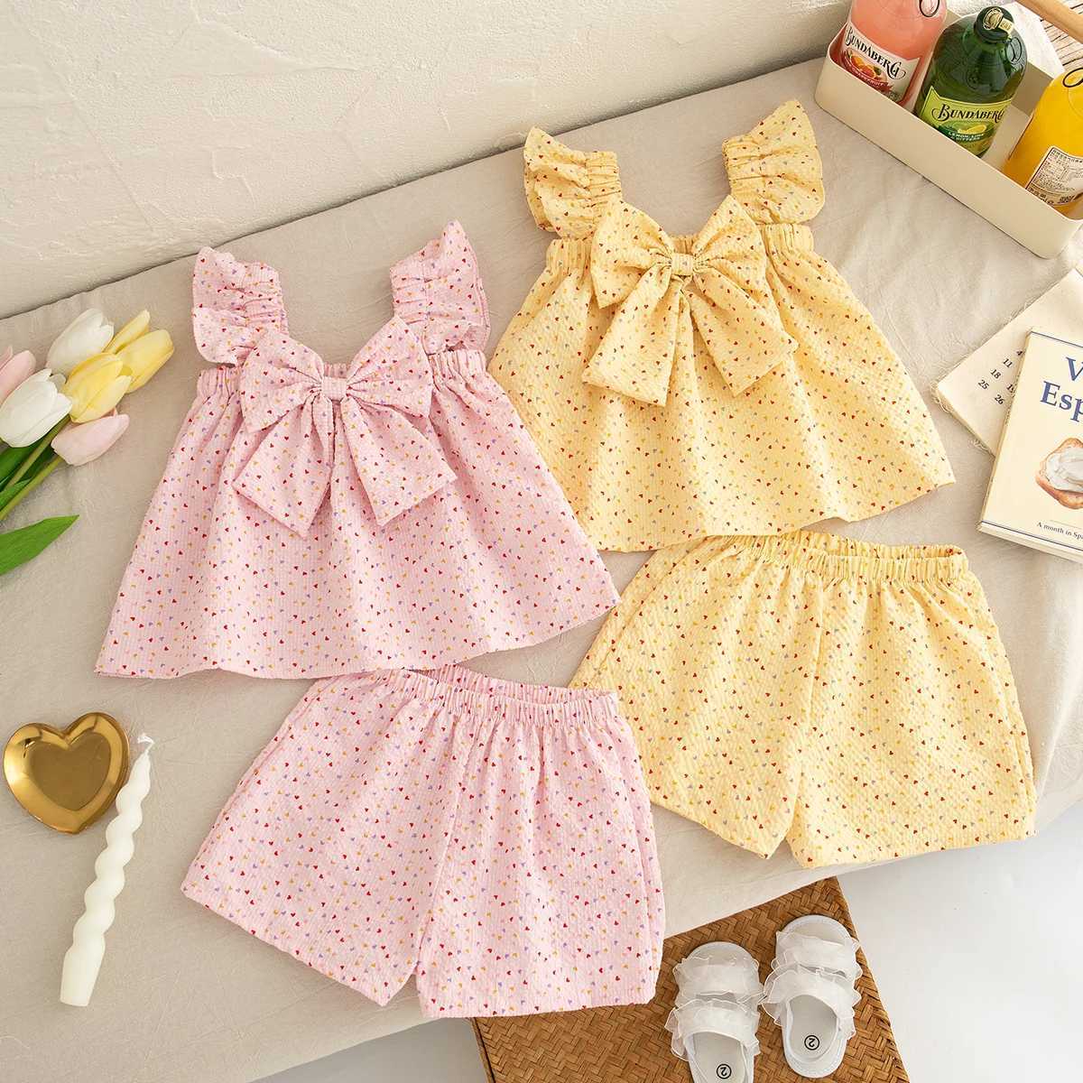 Girls Set 0-3 Years Old Summer New Bow Little Heart Flying Sleeve Camisole Top+Same Sle Shorts Two-Piece Set W250218